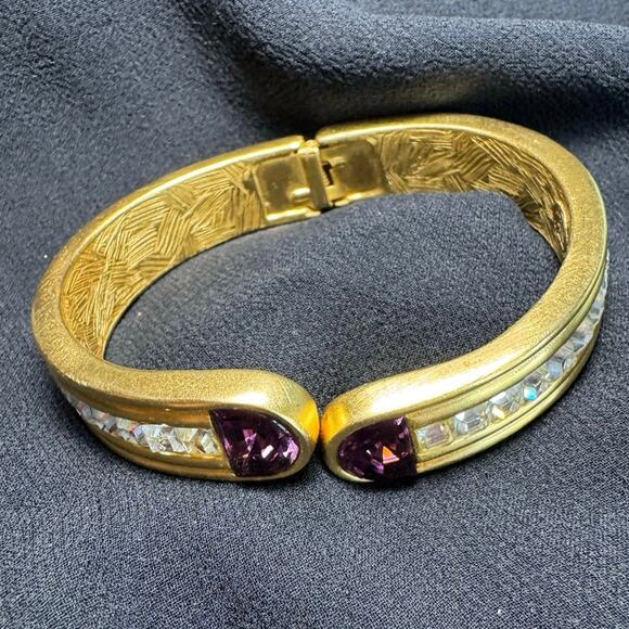 Vintage Givenchy Gold-Tone Cuff Bracelet w/ Purple & Clear Crystals - Picture 9 of 10